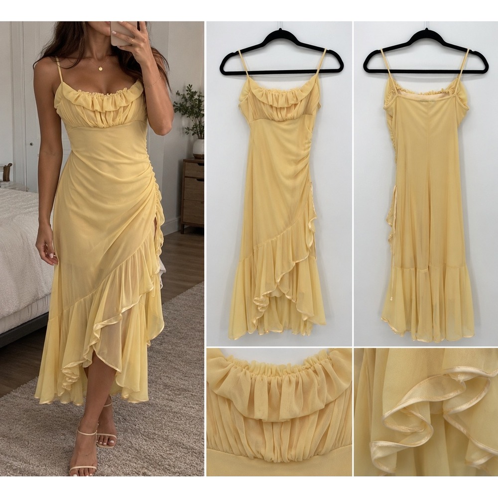 Yellow Chiffon Ruffle Midi Dress Spaghetti Strap Asymmetrical Fairycore Romantic